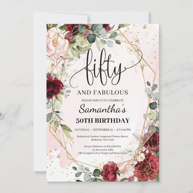 Elegant calligraphy fifty and fabulous 50th invitation (Front)
