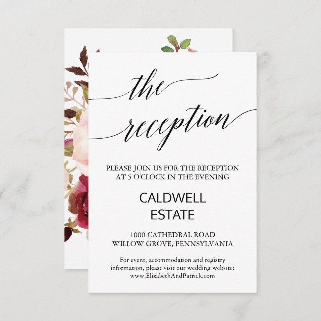 Elegant Calligraphy | Floral Back Reception Card (Front/Back)