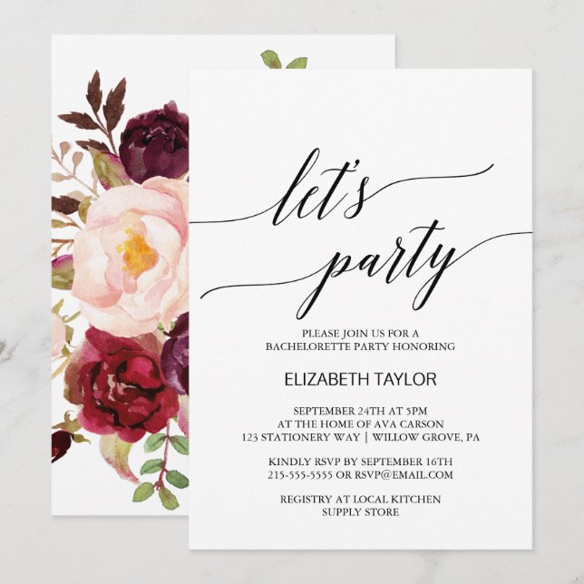 Elegant Calligraphy | Floral Backing Let's Party Invitation (Front/Back)