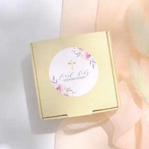 Elegant Calligraphy Floral First Holy Communion Classic Round Sticker
