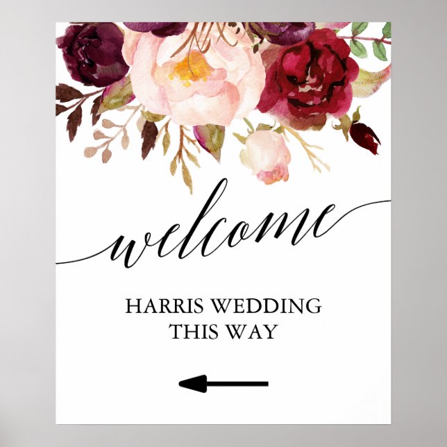 Elegant Calligraphy Floral Welcome Wedding Sign (Front)