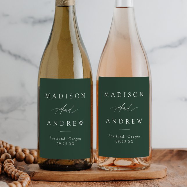 Elegant Calligraphy Forest Green Wedding Wine Label (Creator Uploaded)