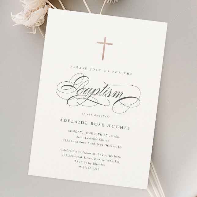 Elegant Calligraphy Gender Neutral Script Baptism  Invitation (Elegant calligraphy rose gold cross baptism invitation.)