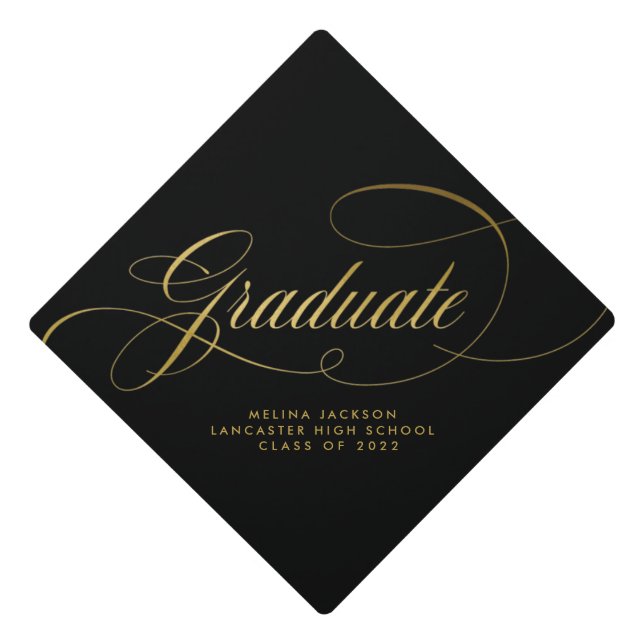 Elegant Calligraphy Gold and Black Graduate Graduation Cap Topper (Front)