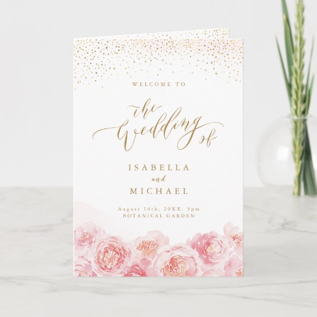 Elegant calligraphy gold & blush floral wedding program (Front)