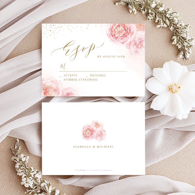 Elegant calligraphy gold & blush floral wedding RSVP card (Elegant calligraphy gold & blush floral wedding RSVP card)