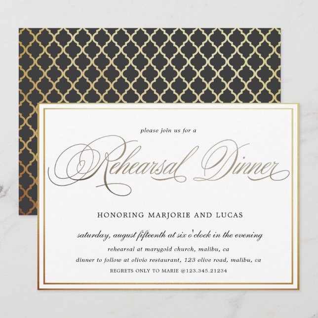 elegant calligraphy gold Rehearsal Dinner Invitation (Front/Back)
