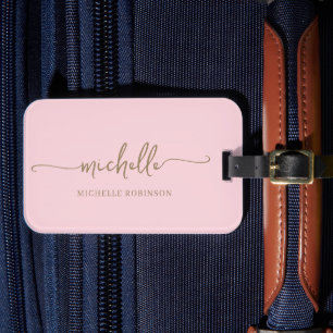 Elegant Calligraphy Gold Script Monogram Name Pink Luggage Tag