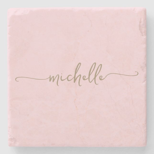 Elegant Calligraphy Gold Script Monogram Name  Stone Coaster (Front)