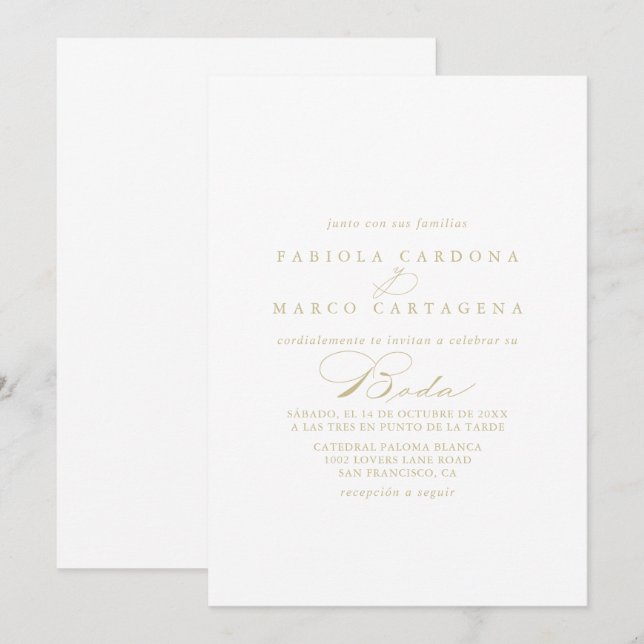 Elegant Calligraphy Gold Spanish Wedding  Invitation (Front/Back)