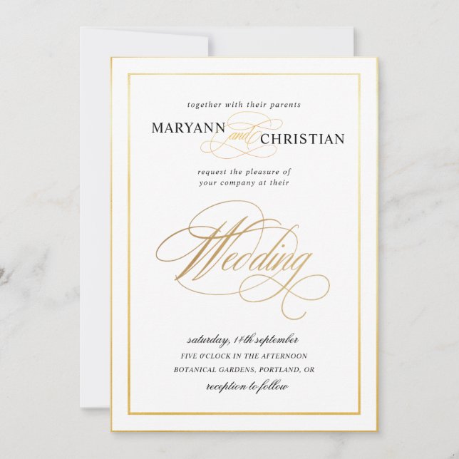 elegant calligraphy gold wedding invitation (Front)