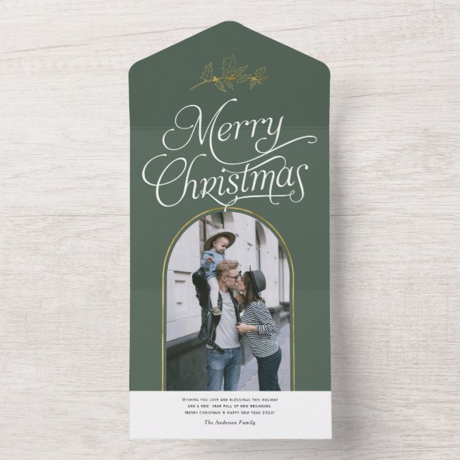 Elegant calligraphy green Christmas photo card (Inside)