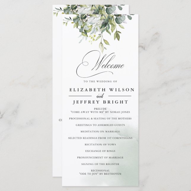 Elegant Calligraphy Greenery Eucalyptus Wedding Program (Front/Back)