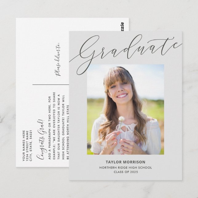 Elegant Calligraphy Grey 2025 Photo Graduation Postcard (Front/Back)
