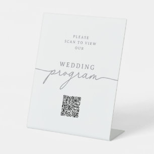 Elegant Calligraphy Grey QR Code Wedding Program Pedestal Sign