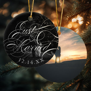 Elegant Calligraphy Just Married Wedding Photo Ceramic Ornament