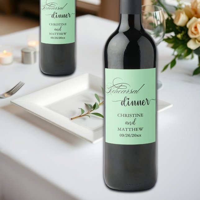 Elegant Calligraphy Light Teal Rehearsal Dinner Wine Label (Creator Uploaded)