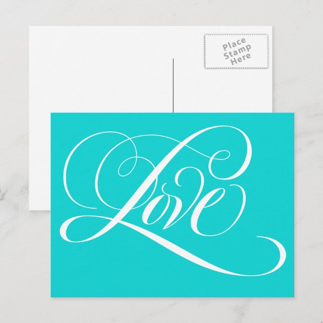 Elegant Calligraphy Love Heart Teal Aqua Blue Postcard (Front/Back)