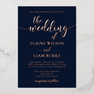 Elegant Calligraphy Luxe Navy Rose Gold Wedding 