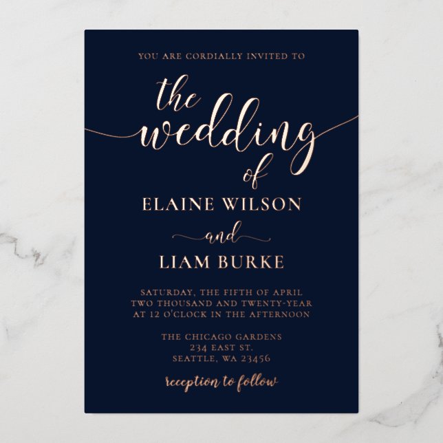 Elegant Calligraphy Luxe Navy Rose Gold Wedding  (Front)