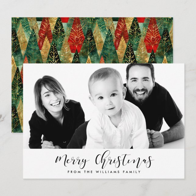 Elegant Calligraphy Merry Christmas Family Photo Holiday Card (Front/Back)