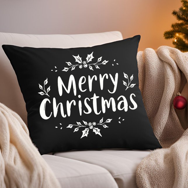 Elegant Calligraphy Merry Christmas Holly Berries Throw Pillow (Creator Uploaded)