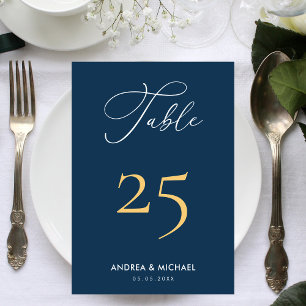 Elegant Calligraphy Minimal Navy Gold Blue Wedding Table Number