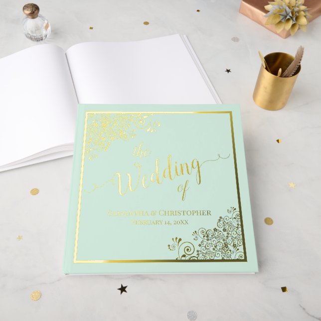 Elegant Calligraphy Mint Green & Gold Foil Wedding Guest Book (Front Open)