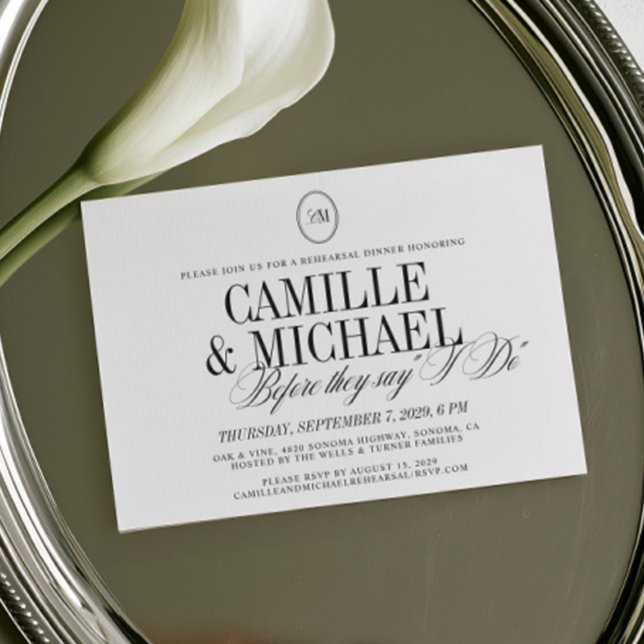Elegant Calligraphy Monogram Rehearsal Dinner Invitation (Before They Say I Do Monogram Rehearsal Dinner Invitation)
