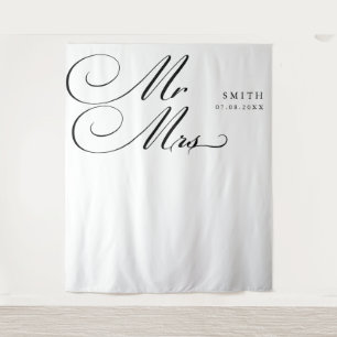 Elegant Calligraphy Mr & Mrs Wedding Backdrop Tapestry