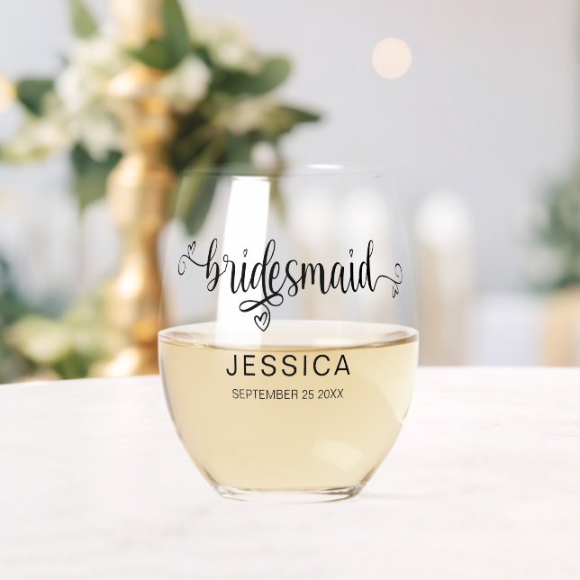 Elegant Calligraphy Name Date Bridesmaid Gift Stemless Wine Glass (Insitu (Wedding))