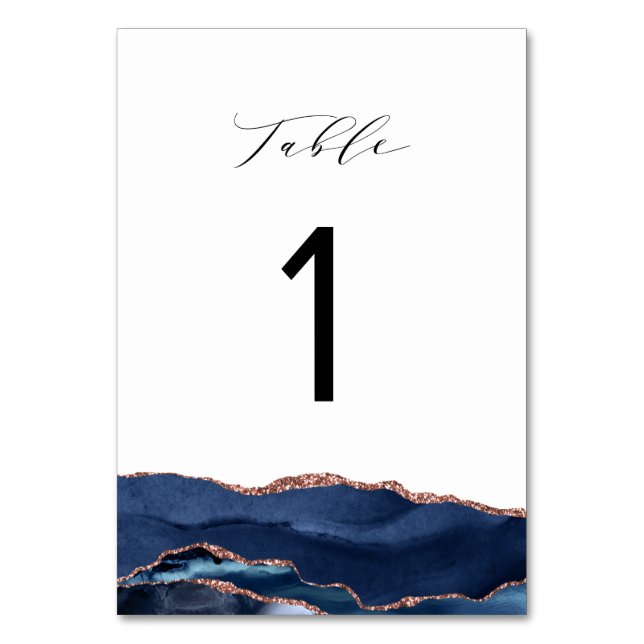 elegant calligraphy navy blue and rose gold agate table number (Front)