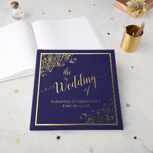 Elegant Calligraphy Navy Blue & Gold Foil Wedding Guest Book