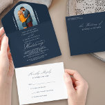 Elegant Calligraphy Navy Blue Photo RSVP Wedding All In One Invitation<br><div class="desc">Elegant trifold navy blue wedding invitation with tear off RSVP card and script calligraphy. Simple classic and elegant design in navy blue and white to coordinate with your wedding colours (please browse my store for alternative colours or click "customize further" and change the background colour to suit). The template is...</div>