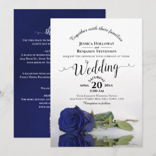 Elegant Calligraphy Navy Blue Rose QR Code Wedding Invitation