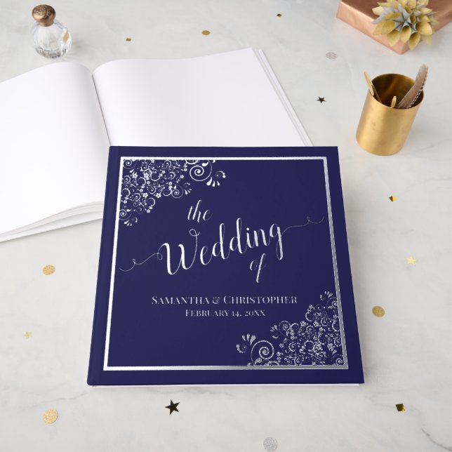 Elegant Calligraphy Navy Blue Silver Foil Wedding Guest Book (Front Open)