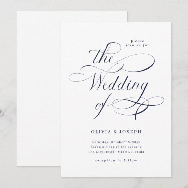 Elegant Calligraphy | Navy Blue Wedding Invitation (Front/Back)