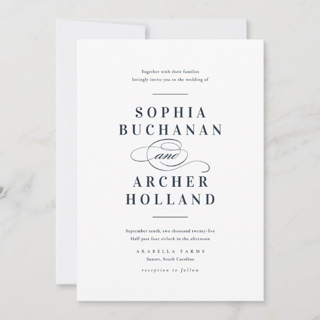 Elegant Calligraphy Navy Blue Wedding Invitation (Front)