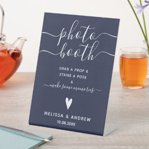 Elegant Calligraphy Navy Blue Wedding Photobooth Pedestal Sign