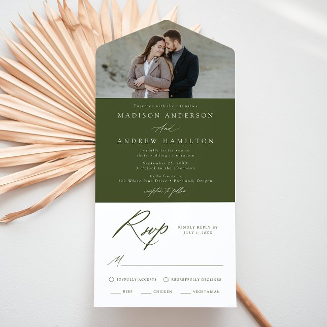 Elegant Calligraphy Olive Green Photo Wedding All In One Invitation (Creator Uploaded)