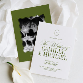 Elegant Calligraphy Olive Green Photo Wedding Invitation