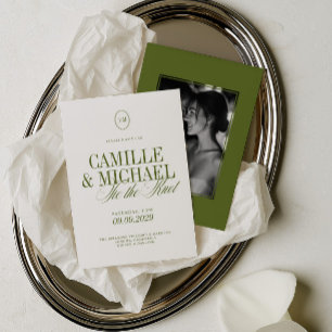 Elegant Calligraphy Olive Green Photo Wedding Invitation