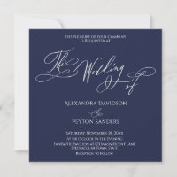 Elegant Calligraphy on Navy Blue "The Wedding of"