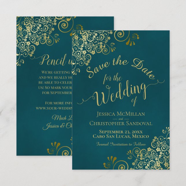 Elegant Calligraphy Ornate Teal and Gold Wedding Save The Date (Front/Back)