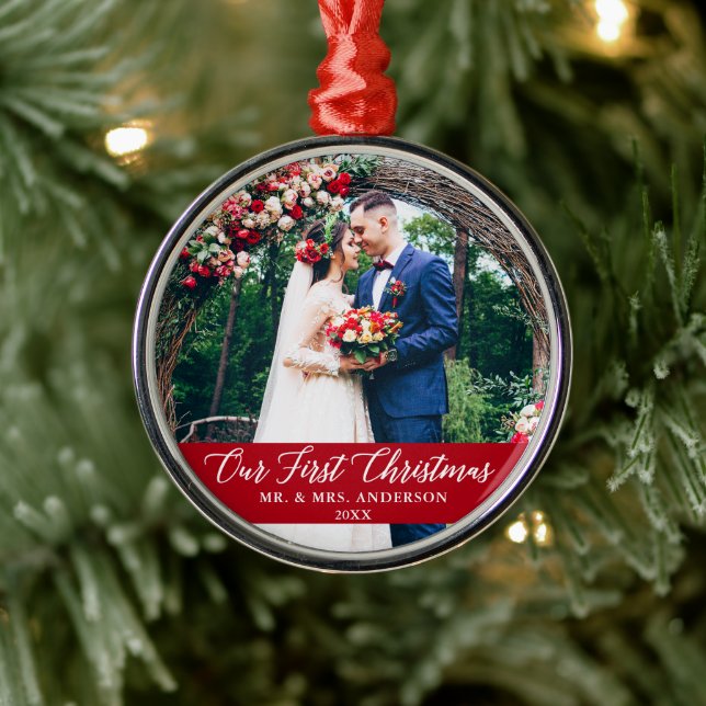 Elegant Calligraphy Our First Christmas Photo Red Metal Ornament (Tree)