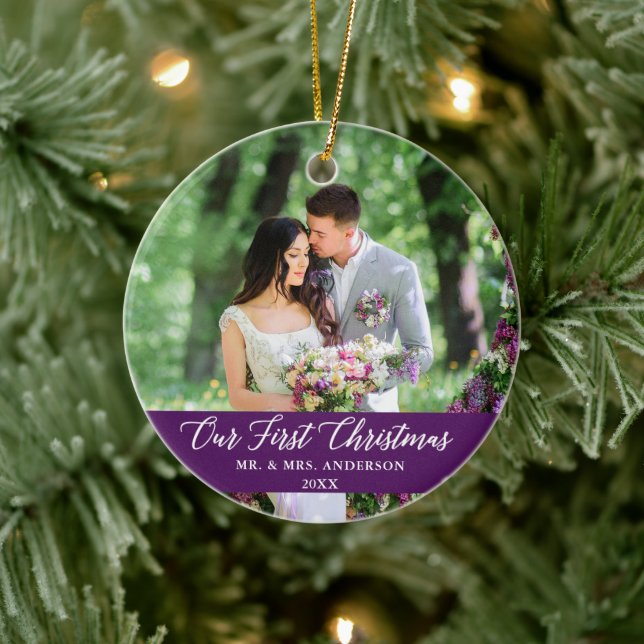 Elegant Calligraphy Our First Christmas Purple Ceramic Ornament (Tree)