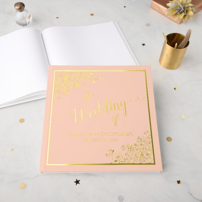 Elegant Calligraphy Peach & Gold Foil Wedding Guest Book (Front Open)