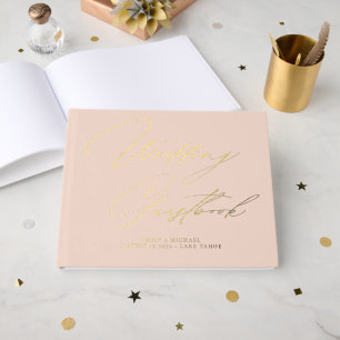 Elegant Calligraphy Peach Pink Gold Foil Wedding Guest Book
