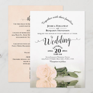 Elegant Calligraphy Peach Rose QR Code Wedding Invitation