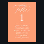 Elegant Calligraphy Peach Seating Table Card<br><div class="desc">Elegant white calligraphy "table",  with guest names listed and table number,  wedding table number card in trendy cantaloupe peach colour.</div>